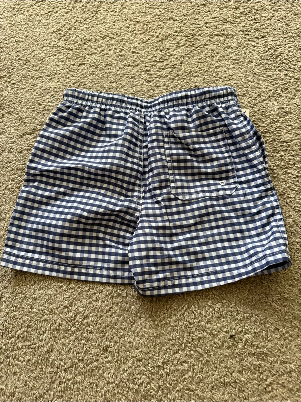 Kids Blue Gingham Swim Trunks with Drawstring Waist